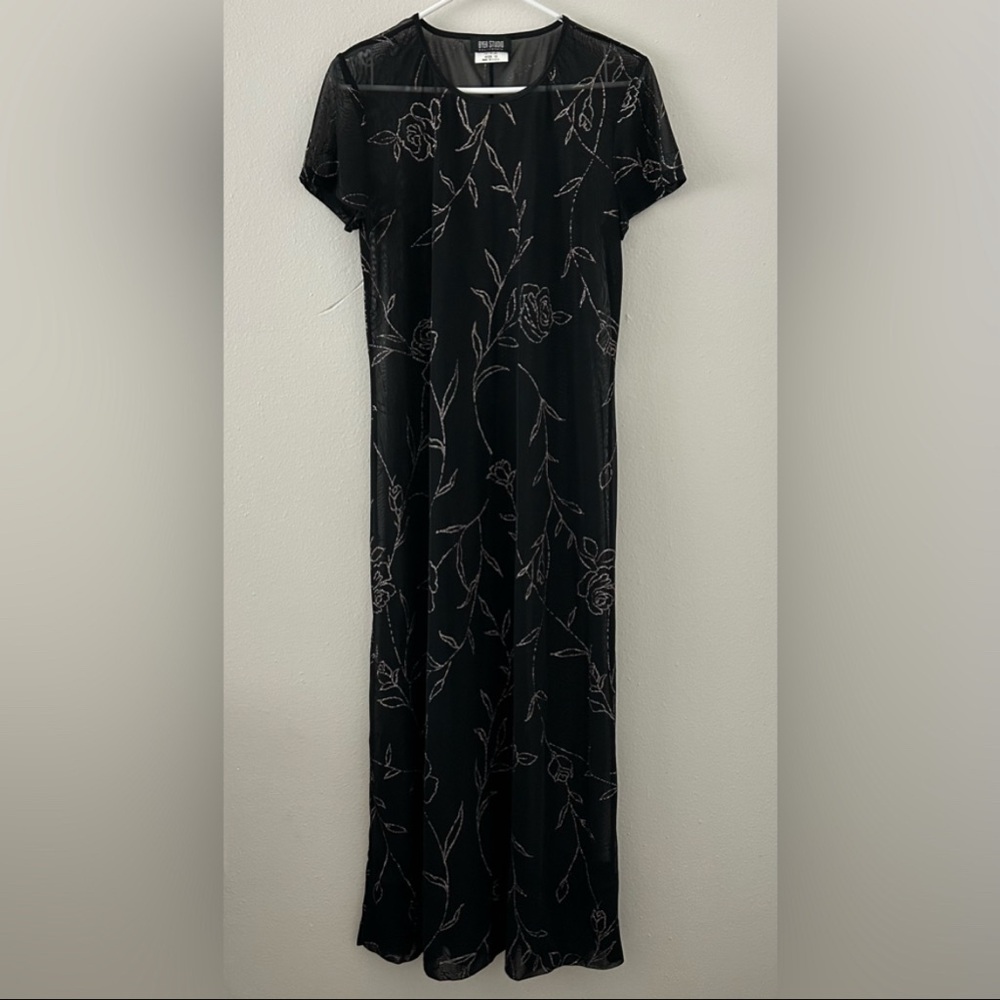 Vintage Byer Studio Sheer Mesh Maxi Dress Size 12 Glitter Roses 90s Goth Grunge